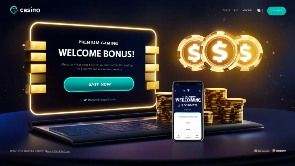 A dark casino scene with bonus offers and promotional code visuals