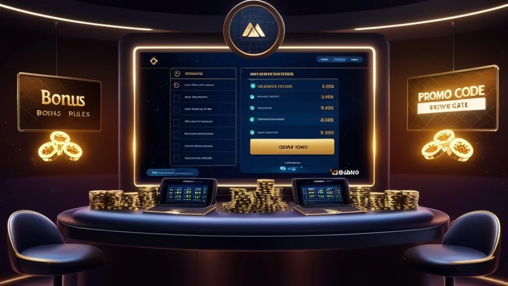 A dark casino scene showing bonus rules and eligibility checks