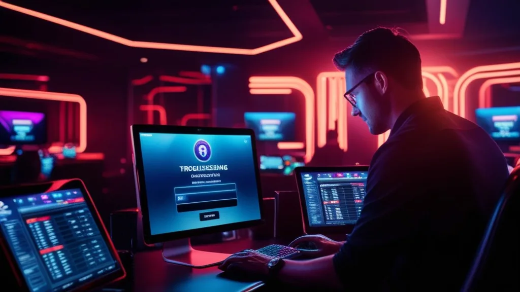 Player troubleshooting a login error on a casino screen in a dark neon room