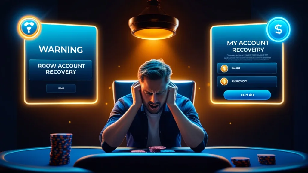 Player using account recovery tools beside a glowing casino login panel