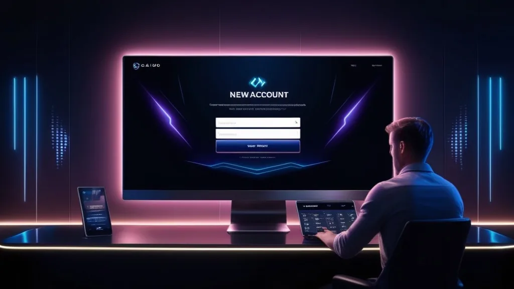 New player filling in a casino registration form on a glowing screen