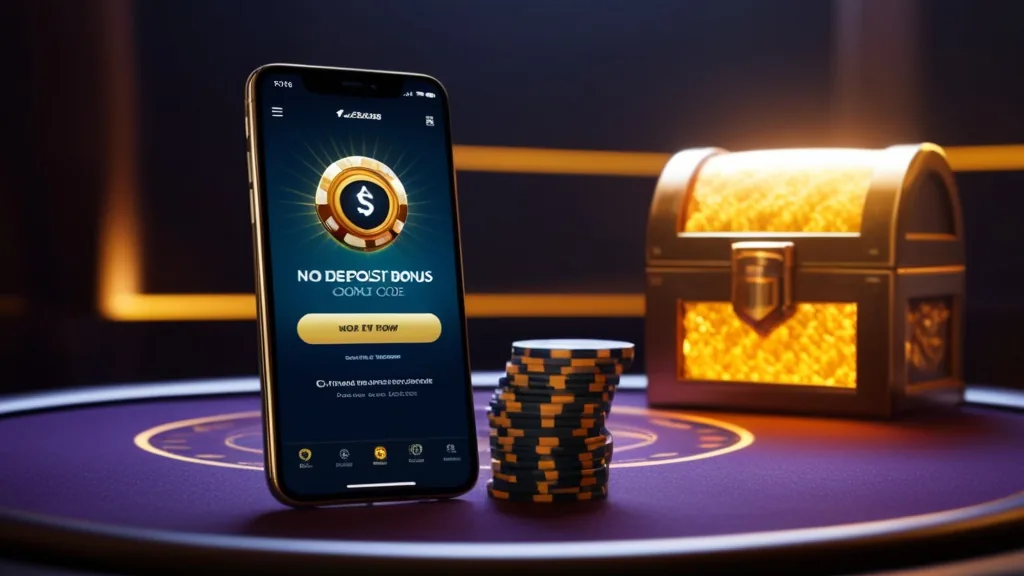 A no deposit bonus code shown on a phone in a dark casino scene