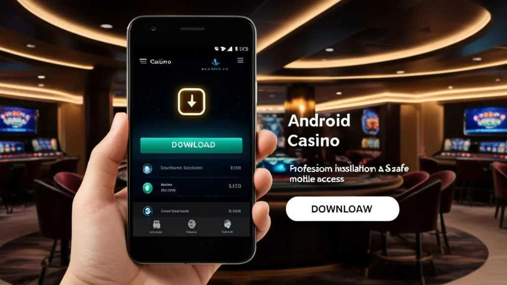 Android phone showing a casino app download screen in a dark neon-lit setting