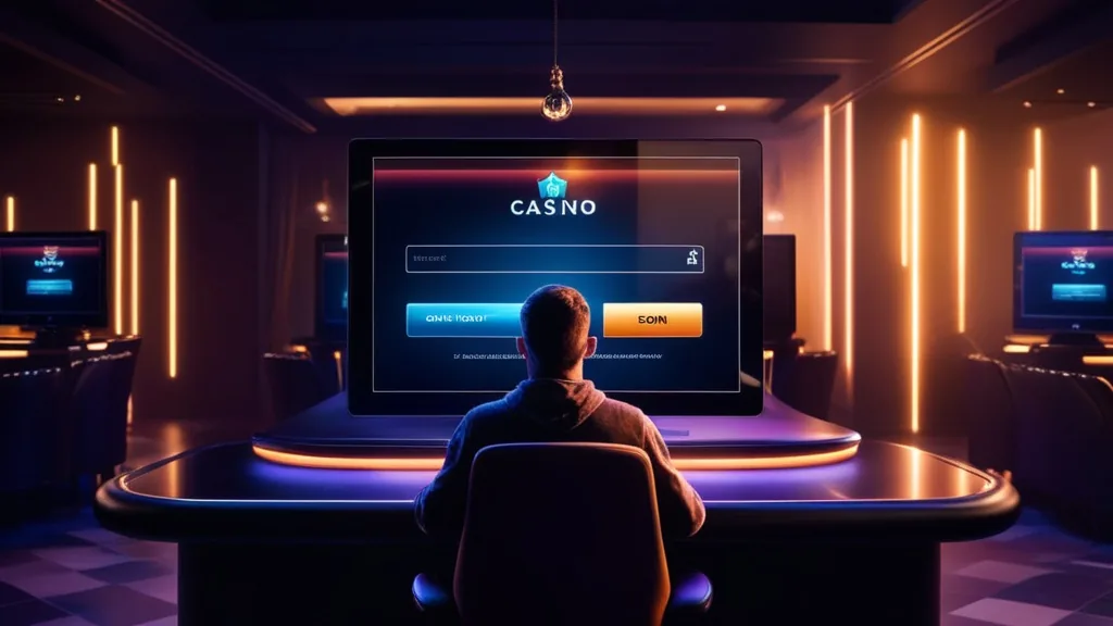 Player checking a secure casino login screen in a dark neon-lit lobby