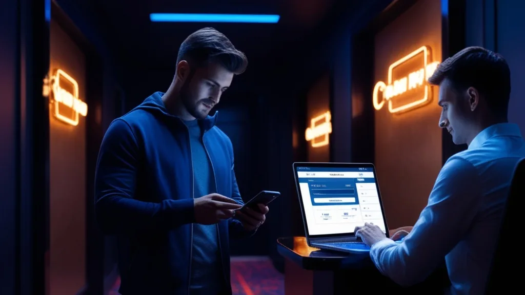 Returning player logging in on mobile and laptop in a neon casino setting