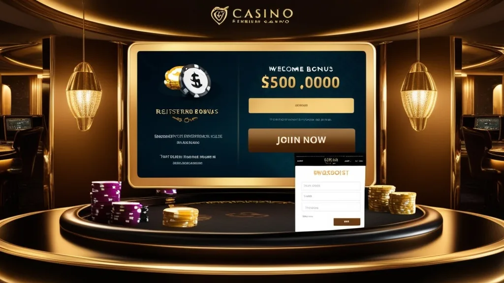 A welcome bonus registration scene inside a dark casino setting