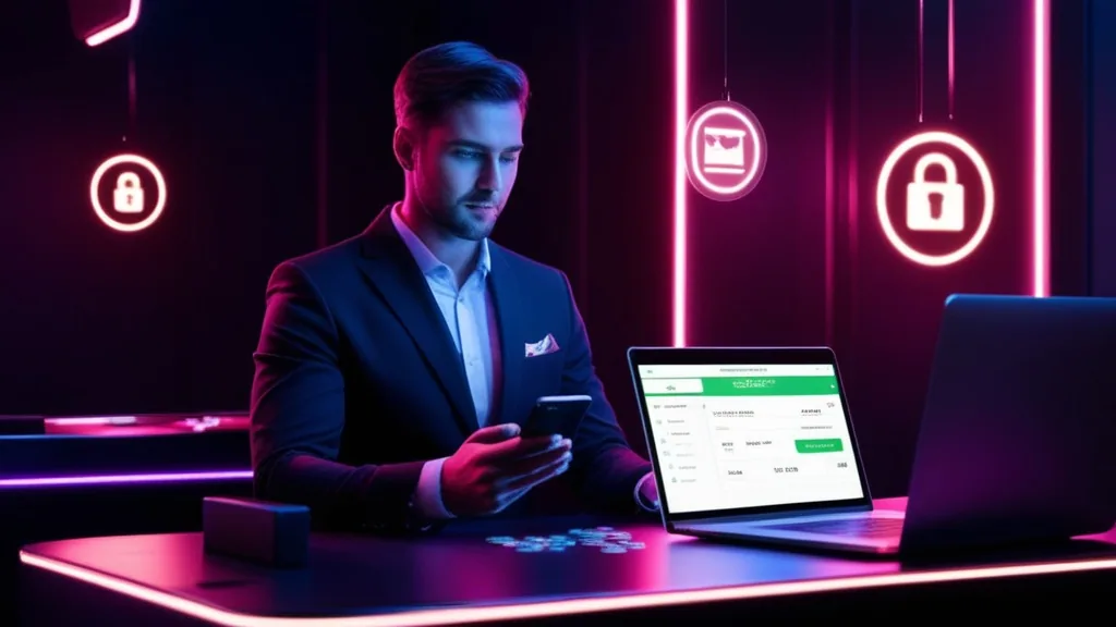 Player reviewing withdrawal details in a neon casino cashier scene